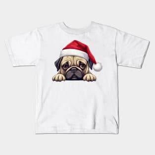 Christmas Peeking Pug Dog Kids T-Shirt